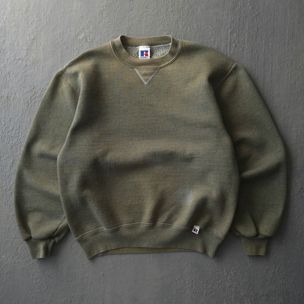 Vintage 90s Russell Athletic Olive Green Sweatshirt Size M Hand Dyed V-Stitch